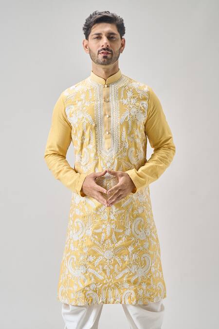 Buy_Arihant Rai Sinha_Yellow Polyester Embroidery Botanical Thread Kurta And Patiyala _Online_at_Aza_Fashions