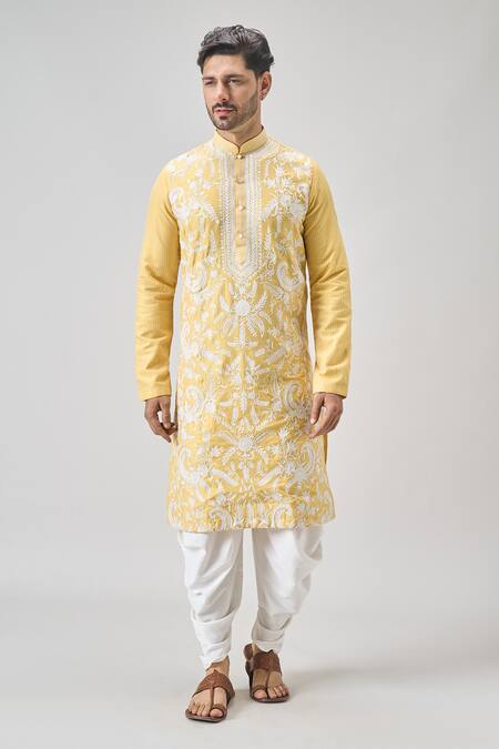Shop_Arihant Rai Sinha_Yellow Polyester Embroidery Botanical Thread Kurta And Patiyala _Online_at_Aza_Fashions