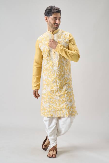 Arihant Rai Sinha_Yellow Polyester Embroidery Botanical Thread Kurta And Patiyala _at_Aza_Fashions