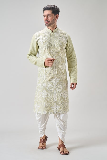 Shop_Arihant Rai Sinha_Green Polyester Embroidery Botanical Kurta And Patiyala Set _at_Aza_Fashions