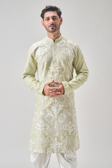Shop_Arihant Rai Sinha_Green Polyester Embroidery Botanical Kurta And Patiyala Set _Online_at_Aza_Fashions