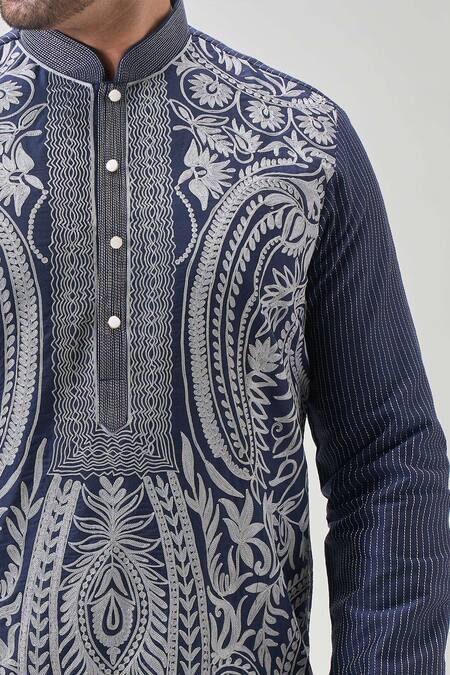 Arihant Rai Sinha_Blue Polyester Embroidery Botanical Thread Kurta Set _Online_at_Aza_Fashions