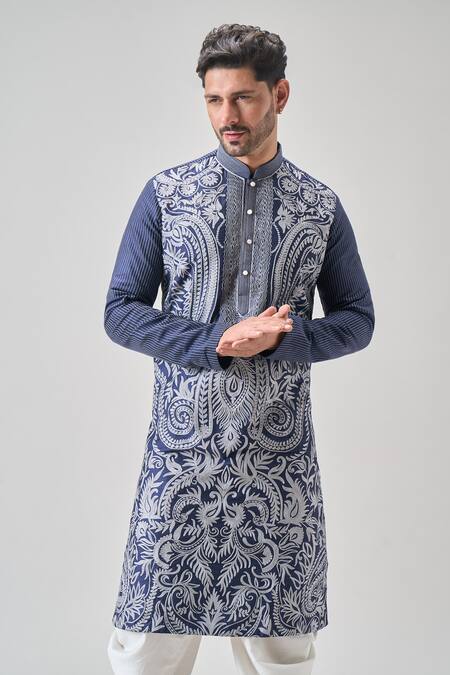 Arihant Rai Sinha_Blue Polyester Embroidery Botanical Thread Kurta Set _at_Aza_Fashions