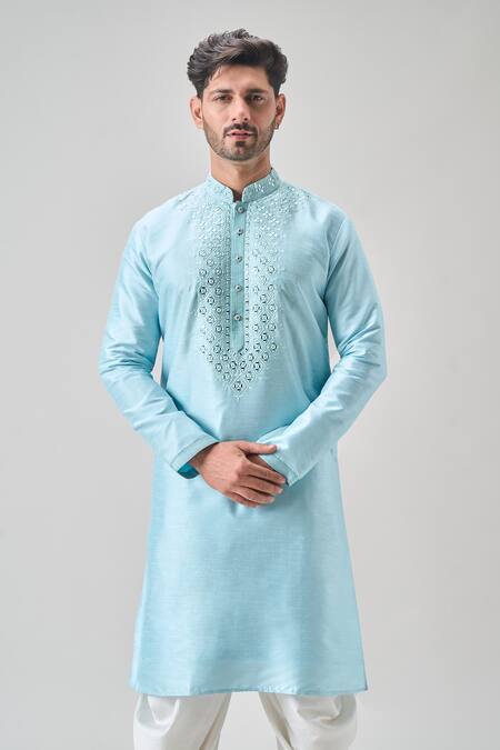 Buy_Arihant Rai Sinha_Blue Silk, Silk, Embroidery Firoji Mirror Kurta Set _Online_at_Aza_Fashions