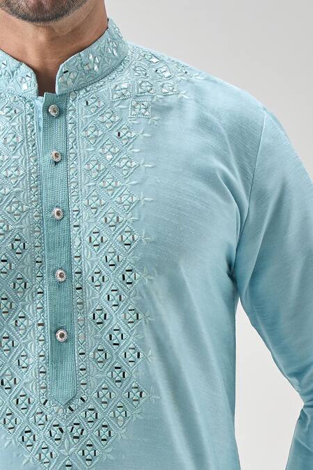 Shop_Arihant Rai Sinha_Blue Silk, Silk, Embroidery Firoji Mirror Kurta Set _Online_at_Aza_Fashions