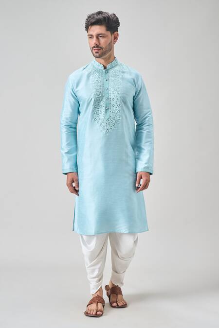 Arihant Rai Sinha_Blue Silk, Silk, Embroidery Firoji Mirror Kurta Set _at_Aza_Fashions