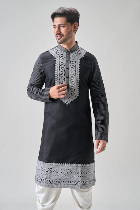 Buy_Arihant Rai Sinha_Black Polyester Embroidery Thread Kurta And Patiyala Set _Online_at_Aza_Fashions