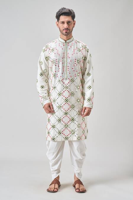 Shop Arihant Rai Sinha Off White Polyester Embroidery Geometric Mirror Kurta Set Online at Aza Fashions Shop_Arihant Rai Sinha_Off White Polyester Embroidery Geometric Mirror Kurta Set_Online_at_Aza_Fashions