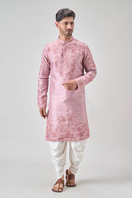 Arihant Rai Sinha Pink Silk Embroidery Floral Vine Kurta Set at Aza Fashions Arihant Rai Sinha_Pink Silk Embroidery Floral Vine Kurta Set _at_Aza_Fashions