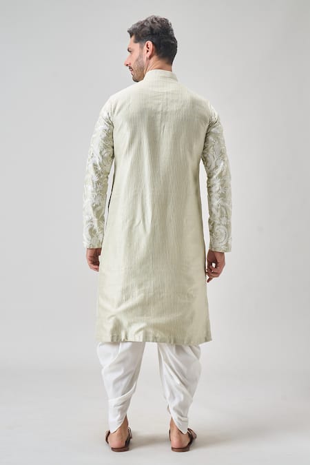 Shop_Arihant Rai Sinha_Green Silk, Chanderi Cotton Embroidery Floral Aari Kurta And Patiyala Set _at_Aza_Fashions