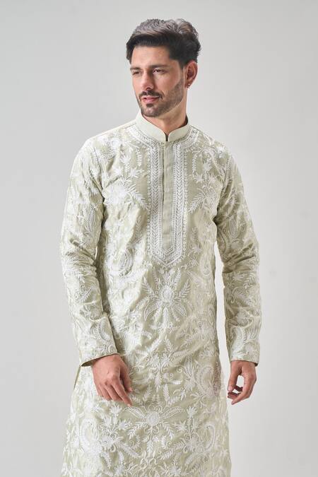 Buy_Arihant Rai Sinha_Green Silk, Chanderi Cotton Embroidery Floral Aari Kurta And Patiyala Set _Online_at_Aza_Fashions