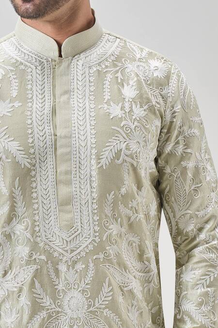 Shop_Arihant Rai Sinha_Green Silk, Chanderi Cotton Embroidery Floral Aari Kurta And Patiyala Set _Online_at_Aza_Fashions