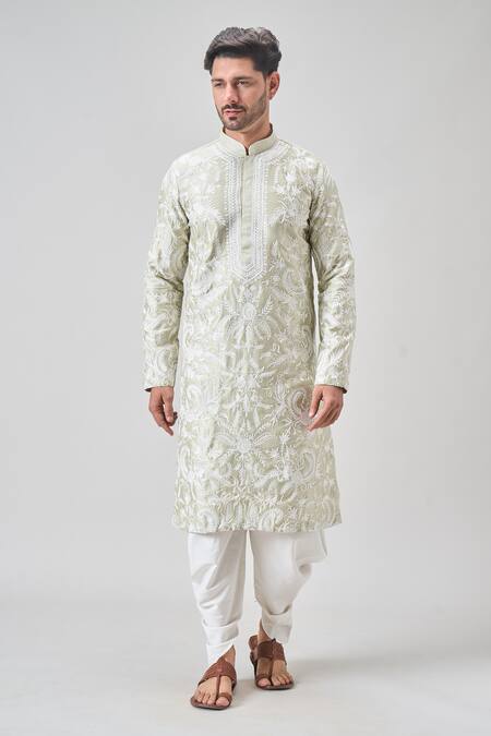 Arihant Rai Sinha_Green Silk, Chanderi Cotton Embroidery Floral Aari Kurta And Patiyala Set _at_Aza_Fashions