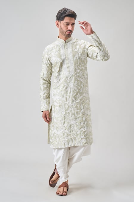 Buy_Arihant Rai Sinha_Green Silk, Chanderi Cotton Embroidery Floral Aari Kurta And Patiyala Set 
