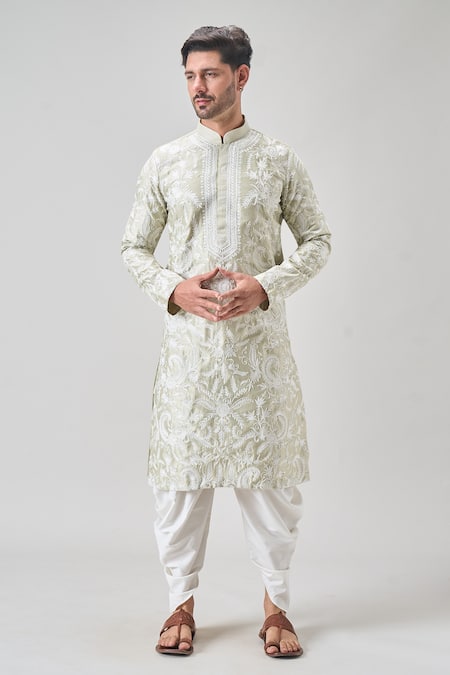 Shop_Arihant Rai Sinha_Green Silk, Chanderi Cotton Embroidery Floral Aari Kurta And Patiyala Set 
