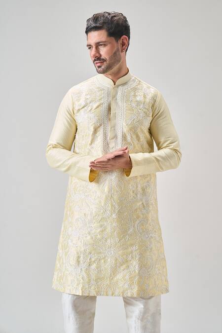 Shop Arihant Rai Sinha Yellow , Satin Embroidery Floral Vine Kurta Set Online at Aza Fashions Shop_Arihant Rai Sinha_Yellow , Satin Embroidery Floral Vine Kurta Set _Online_at_Aza_Fashions