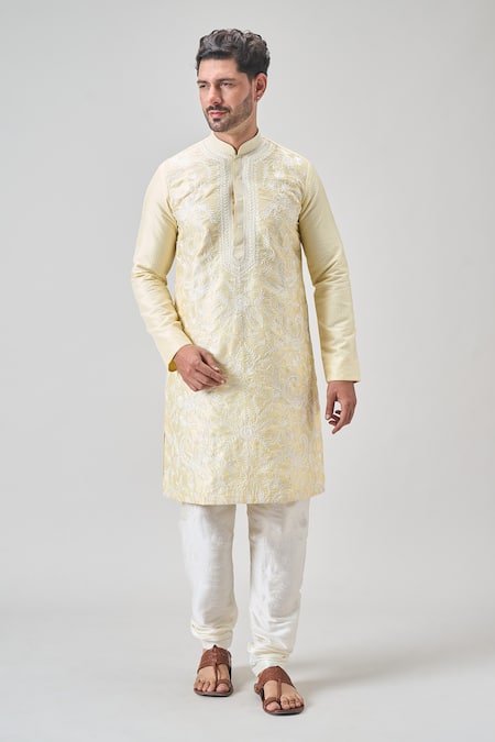 Arihant Rai Sinha Yellow , Satin Embroidery Floral Vine Kurta Set at Aza Fashions Arihant Rai Sinha_Yellow , Satin Embroidery Floral Vine Kurta Set _at_Aza_Fashions
