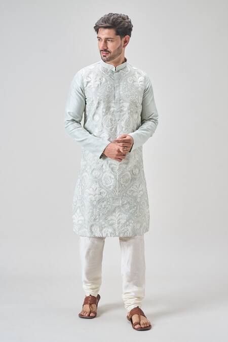 Shop Arihant Rai Sinha Green Silk Embroidery Floral Aari Kurta Set Online at Aza Fashions Shop_Arihant Rai Sinha_Green Silk Embroidery Floral Aari Kurta Set _Online_at_Aza_Fashions