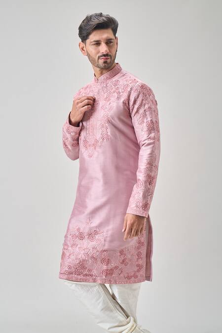 Buy_Arihant Rai Sinha_Pink , Chanderi Embroidery Botanic Kurta Set _Online_at_Aza_Fashions