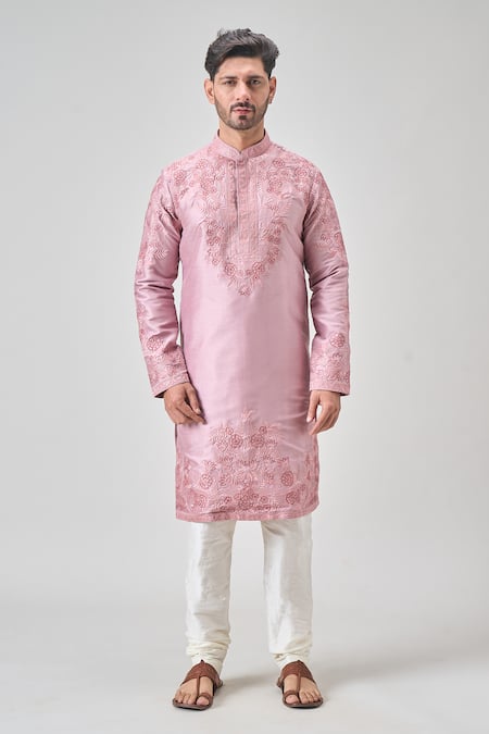 Shop_Arihant Rai Sinha_Pink , Chanderi Embroidery Botanic Kurta Set _Online_at_Aza_Fashions