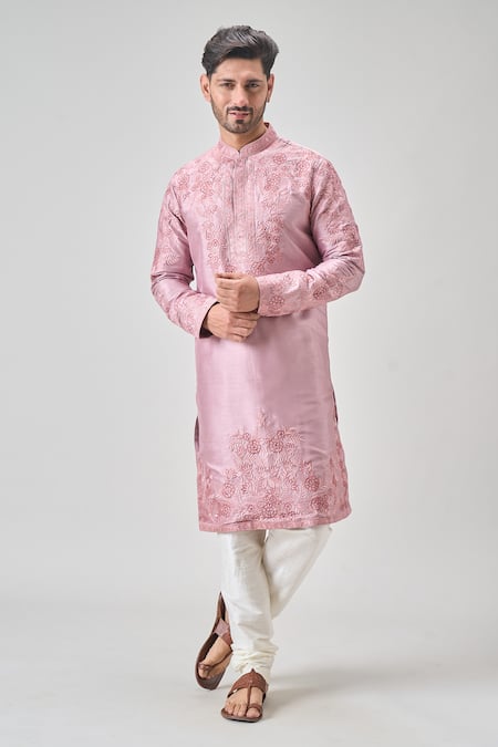 Arihant Rai Sinha_Pink , Chanderi Embroidery Botanic Kurta Set _at_Aza_Fashions