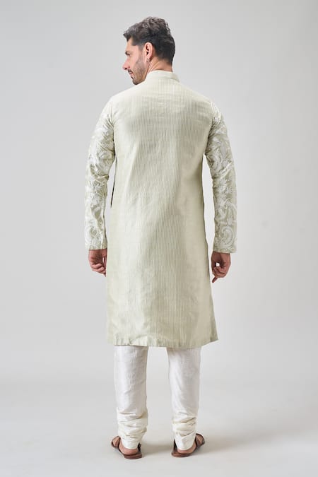 Shop_Arihant Rai Sinha_Green Silk Embroidery Botanic Garden Kurta Set _at_Aza_Fashions