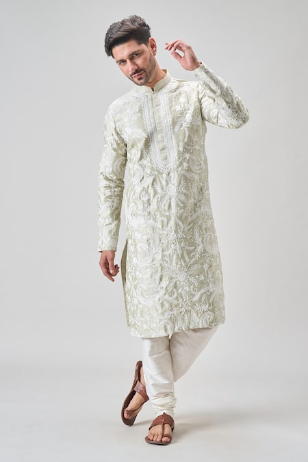 Buy_Arihant Rai Sinha_Green Silk Embroidery Botanic Garden Kurta Set _Online_at_Aza_Fashions