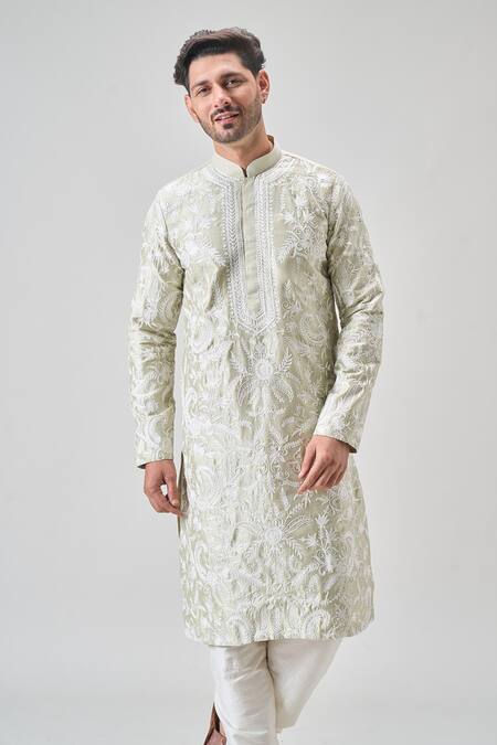 Shop_Arihant Rai Sinha_Green Silk Embroidery Botanic Garden Kurta Set _Online_at_Aza_Fashions
