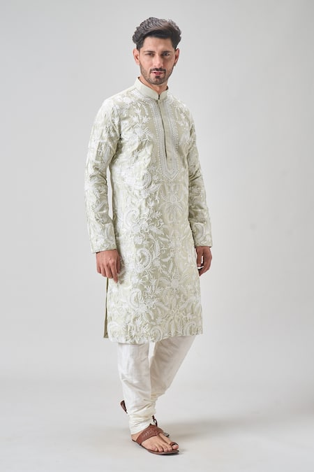 Arihant Rai Sinha_Green Silk Embroidery Botanic Garden Kurta Set _at_Aza_Fashions