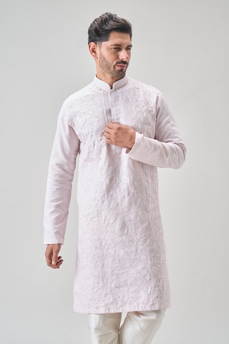 Arihant Rai Sinha_Pink Polyester, Chanderi Embroidery Botanic Tonal Kurta Set _Online_at_Aza_Fashions