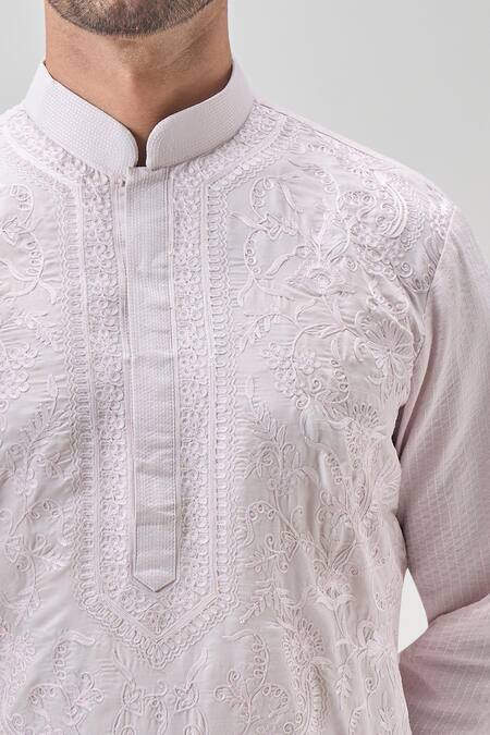 Buy_Arihant Rai Sinha_Pink Polyester, Chanderi Embroidery Botanic Tonal Kurta Set _Online_at_Aza_Fashions