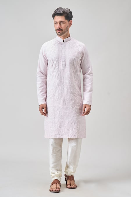 Shop_Arihant Rai Sinha_Pink Polyester, Chanderi Embroidery Botanic Tonal Kurta Set _Online_at_Aza_Fashions