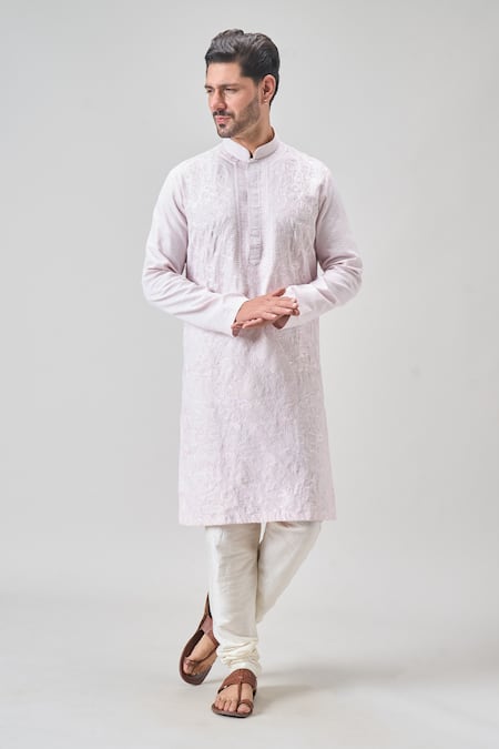 Arihant Rai Sinha_Pink Polyester, Chanderi Embroidery Botanic Tonal Kurta Set _at_Aza_Fashions