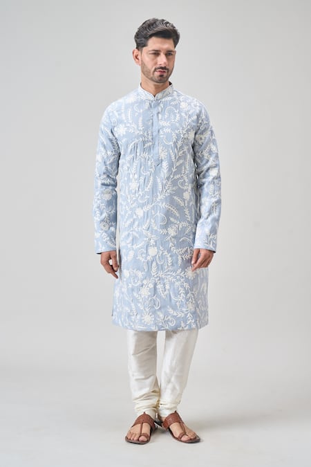 Shop Arihant Rai Sinha Gray Polyester, Silk Embroidery Floral Aari Kurta Set Online at Aza Fashions Shop_Arihant Rai Sinha_Gray Polyester, Silk Embroidery Floral Aari Kurta Set _Online_at_Aza_Fashions