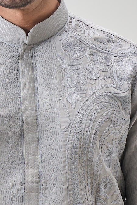 Shop Arihant Rai Sinha Gray Polyester, Silk Embroidery Tonal Kurta Set Online at Aza Fashions Shop_Arihant Rai Sinha_Gray Polyester, Silk Embroidery Tonal Kurta Set _Online_at_Aza_Fashions