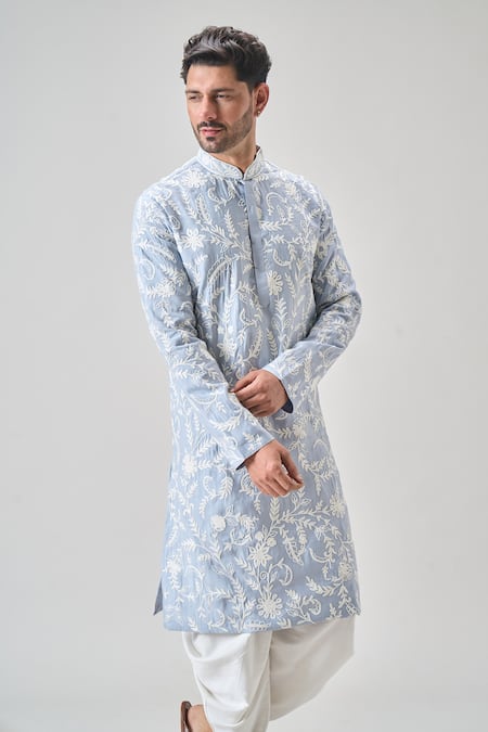 Arihant Rai Sinha_Gray Polyester Embroidery Floral Aari Kurta Set _Online_at_Aza_Fashions