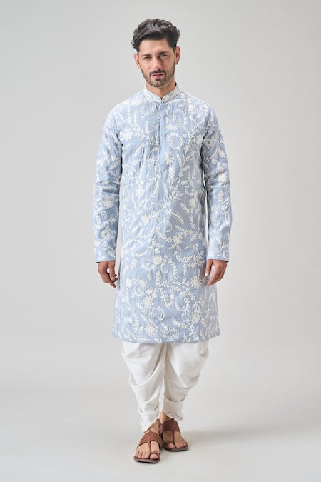 Shop_Arihant Rai Sinha_Gray Polyester Embroidery Floral Aari Kurta Set _Online_at_Aza_Fashions
