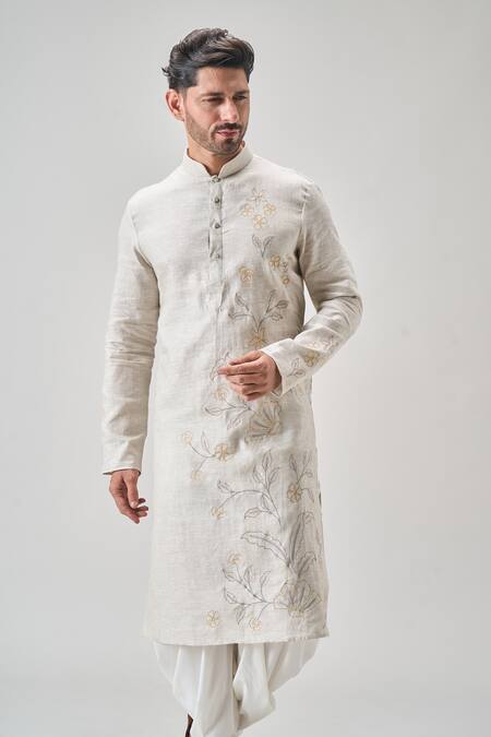 Arihant Rai Sinha_Gray Linen, Cotton Embroidery Floral Kurta Set With Patiala _Online_at_Aza_Fashions