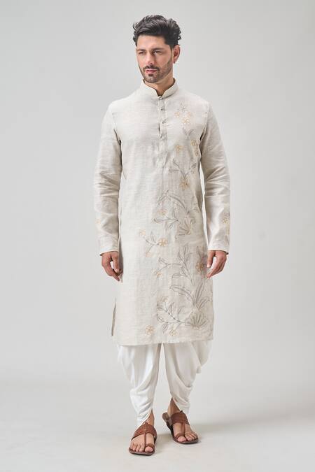 Buy_Arihant Rai Sinha_Gray Linen, Cotton Embroidery Floral Kurta Set With Patiala _Online_at_Aza_Fashions