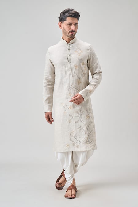 Shop_Arihant Rai Sinha_Gray Linen, Cotton Embroidery Floral Kurta Set With Patiala _Online_at_Aza_Fashions