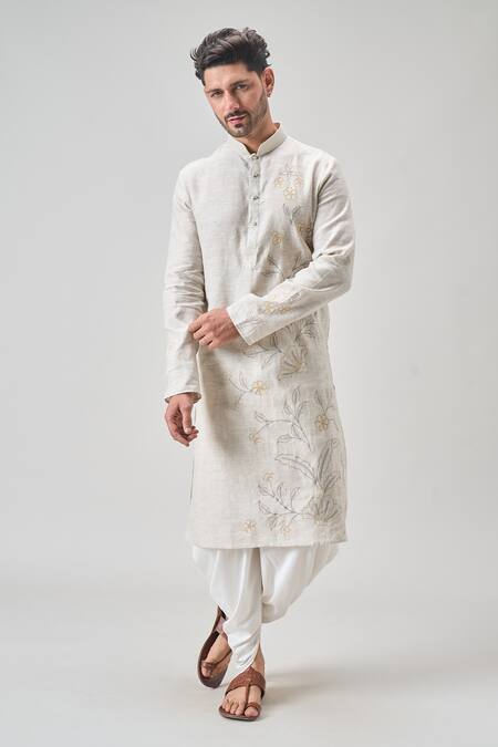 Arihant Rai Sinha_Gray Linen, Cotton Embroidery Floral Kurta Set With Patiala _at_Aza_Fashions