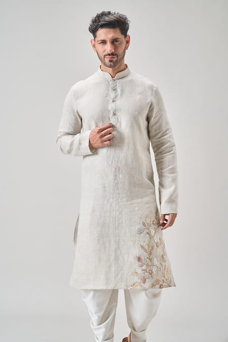 Buy_Arihant Rai Sinha_Gray Linen, Cotton Embroidery Floral Applique Kurta And Patiala Set _Online_at_Aza_Fashions