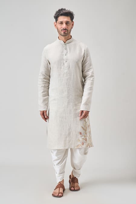 Arihant Rai Sinha_Gray Linen, Cotton Embroidery Floral Applique Kurta And Patiala Set _at_Aza_Fashions