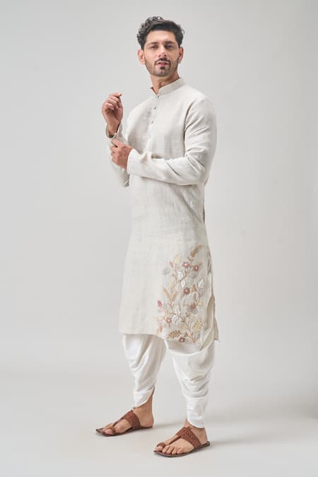 Shop_Arihant Rai Sinha_Gray Linen, Cotton Embroidery Floral Applique Kurta And Patiala Set 