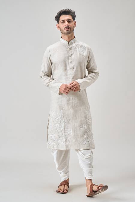 Arihant Rai Sinha_Gray Linen, Cotton Embroidery Floral Aari Kurta Set _Online_at_Aza_Fashions