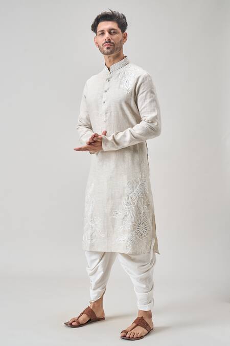 Buy_Arihant Rai Sinha_Gray Linen, Cotton Embroidery Floral Aari Kurta Set _Online_at_Aza_Fashions