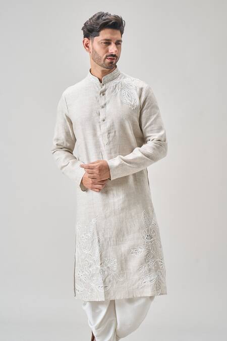 Shop_Arihant Rai Sinha_Gray Linen, Cotton Embroidery Floral Aari Kurta Set _Online_at_Aza_Fashions