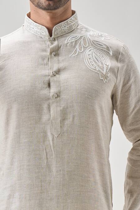 Arihant Rai Sinha_Gray Linen, Cotton Embroidery Floral Aari Kurta Set _at_Aza_Fashions
