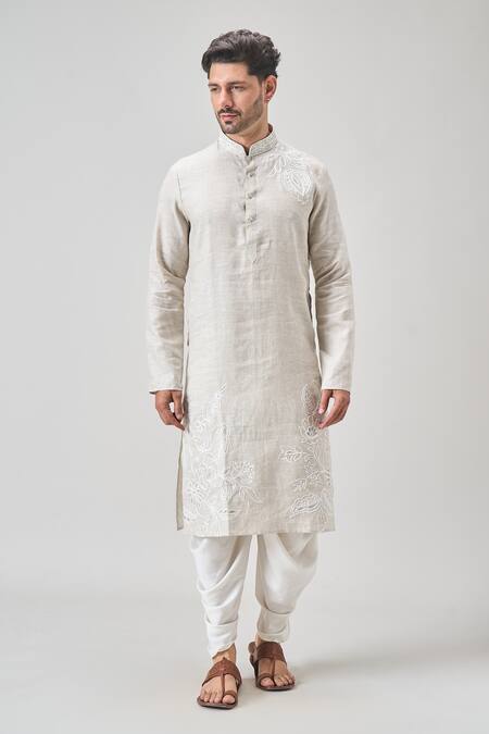 Buy_Arihant Rai Sinha_Gray Linen, Cotton Embroidery Floral Aari Kurta Set 