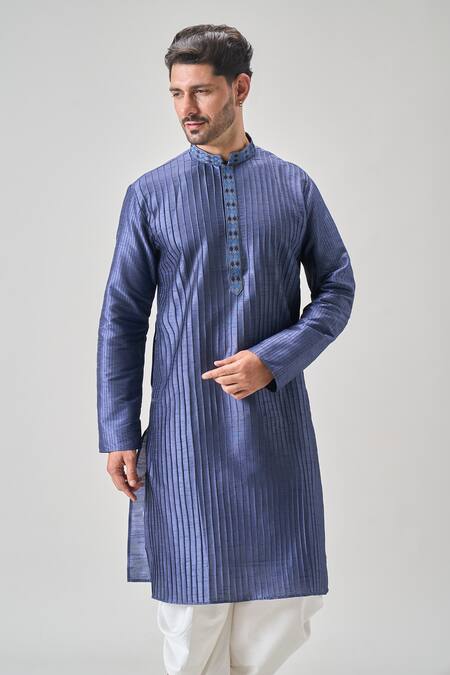 Arihant Rai Sinha_Blue Silk, Cotton Embroidery Pintucked Kurta Set _Online_at_Aza_Fashions
